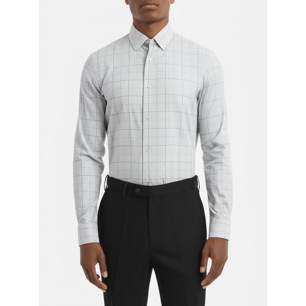 APT. 9 Mens Light Gray Grid Slim Fit Long Sleeve Button Up Dress Shirt Size M